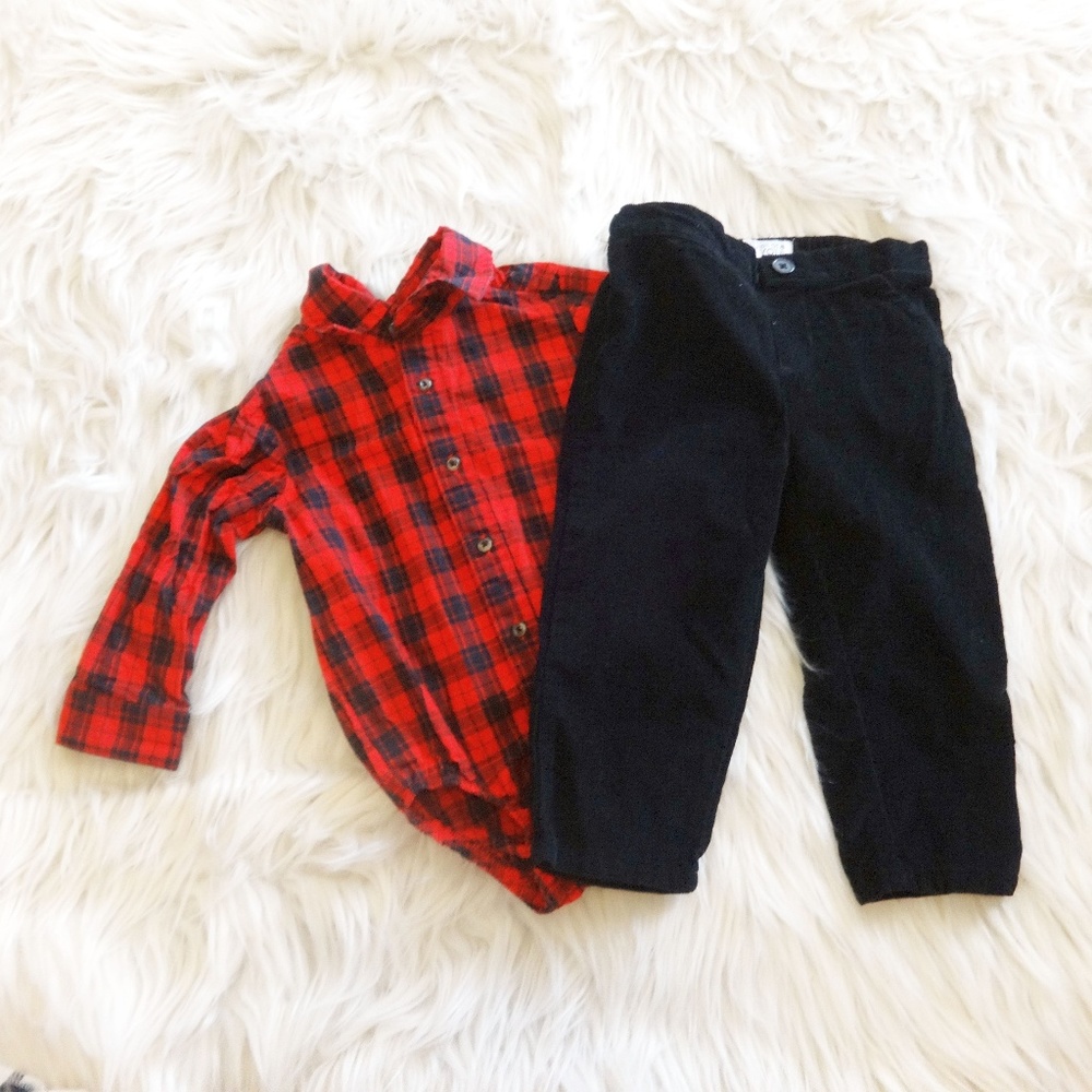 Boys 2 Piece Set Red Buffalo Check Plaid Bodysuit Black Pants